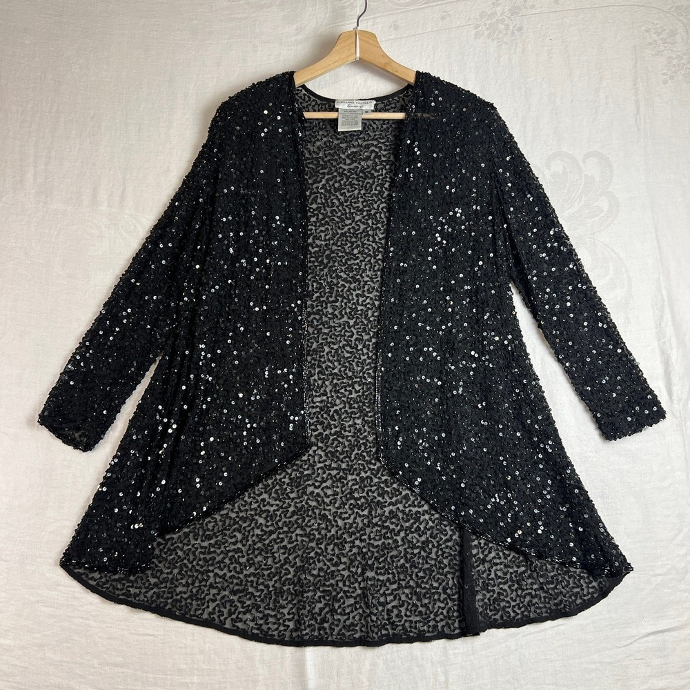 Silk Sequin Cardigan Adrianna Papell Women Small Evening Black Sheer Open Jacket